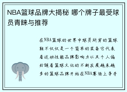 NBA篮球品牌大揭秘 哪个牌子最受球员青睐与推荐