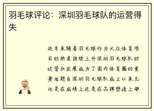 羽毛球评论:深圳羽毛球队的运营得失