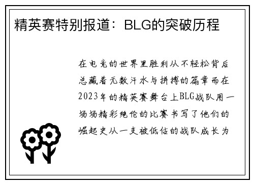 精英赛特别报道：BLG的突破历程