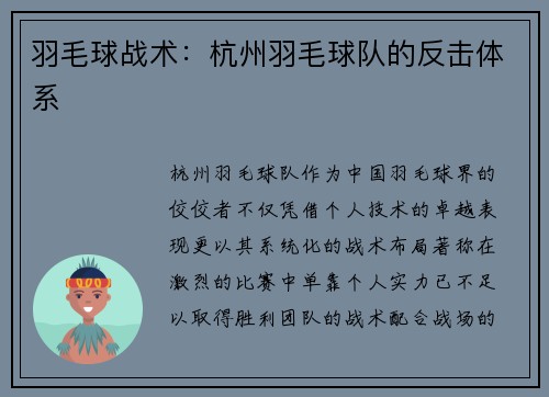 羽毛球战术：杭州羽毛球队的反击体系