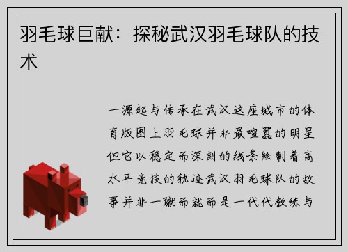 羽毛球巨献：探秘武汉羽毛球队的技术